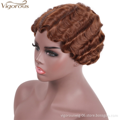 Vigorous Wholesale Price Cheap Short Pixie Cut Brown Wig for Black Women Wave Synthetic Wigs High Temperature
